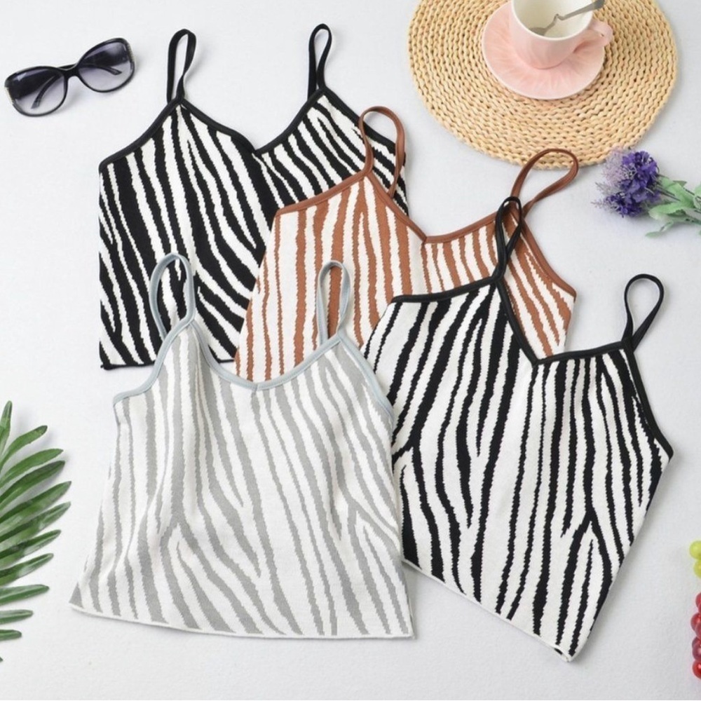 Boho V-Neck Stretch Zebra Print Camisole Tops White Black Gray Or Coffee NEW